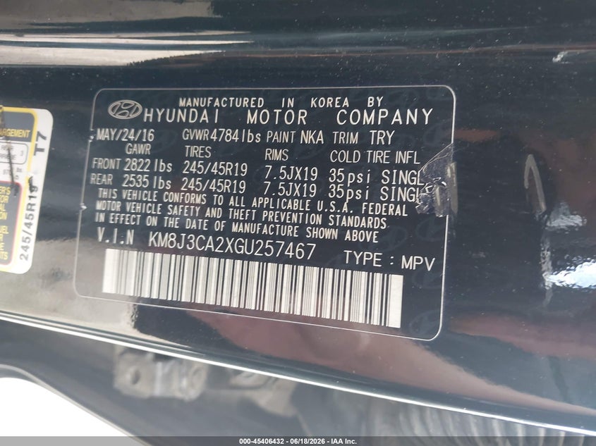 2016 Hyundai Tucson Limited VIN: KM8J3CA2XGU257467 Lot: 45406432