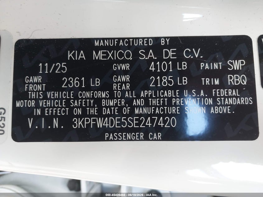 2025 Kia K4 Gt Line VIN: 3KPFW4DE5SE247420 Lot: 45406466