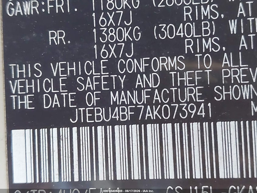 2010 Toyota Fj Cruiser VIN: JTEBU4BF7AK073941 Lot: 45406488