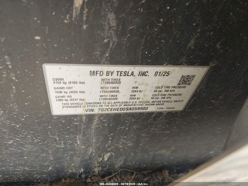 2025 Tesla Cybertruck All-Wheel Drive VIN: 7G2CEHED0SA059900 Lot: 45406509