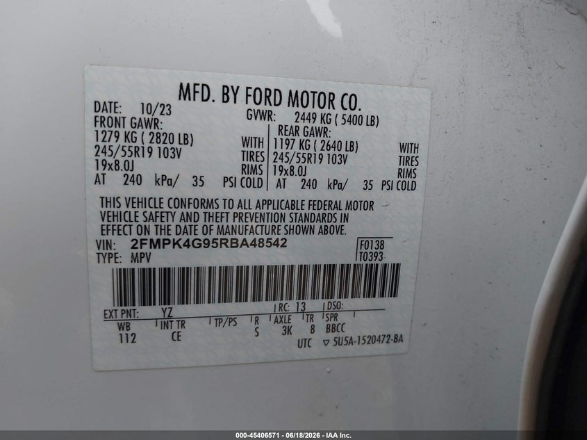VIN 2FMPK4G95RBA48542 2024 FORD EDGE SE