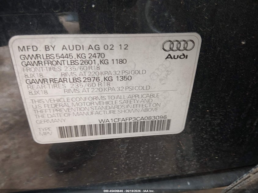 2012 Audi Q5 2.0T Premium VIN: WA1CFAFP3CA083096 Lot: 45406646