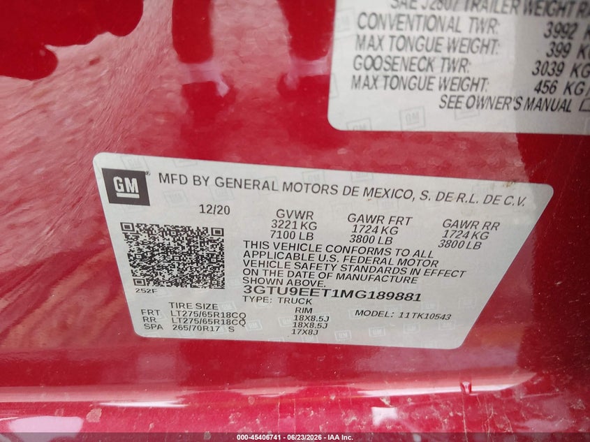2021 GMC Sierra 1500 4Wd Short Box At4 VIN: 3GTU9EET1MG189881 Lot: 45406741