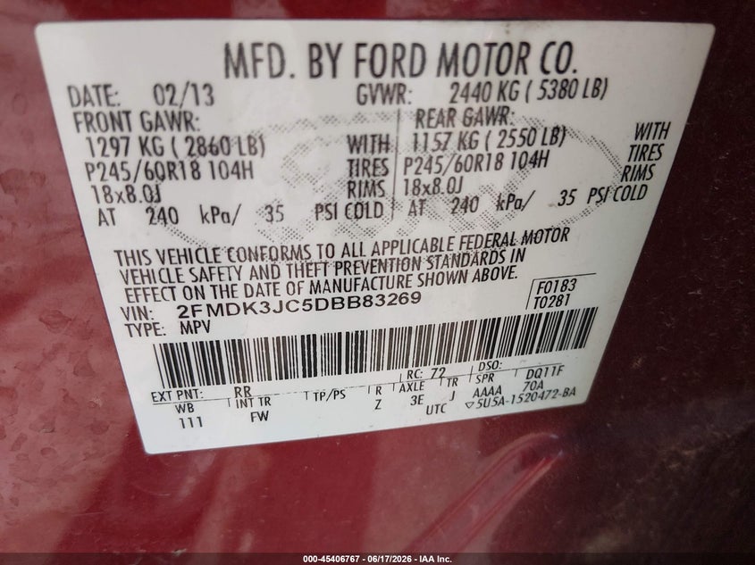 2013 Ford Edge Sel VIN: 2FMDK3JC5DBB83269 Lot: 45406767