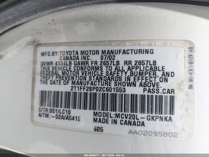 2002 Toyota Camry Solara Sle VIN: 2T1FF28P02C601553 Lot: 45406771