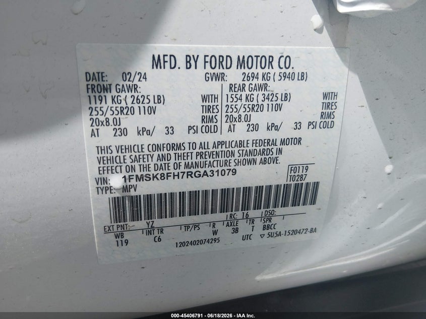 VIN 1FMSK8FH7RGA31079 2024 FORD EXPLORER LIMITED
