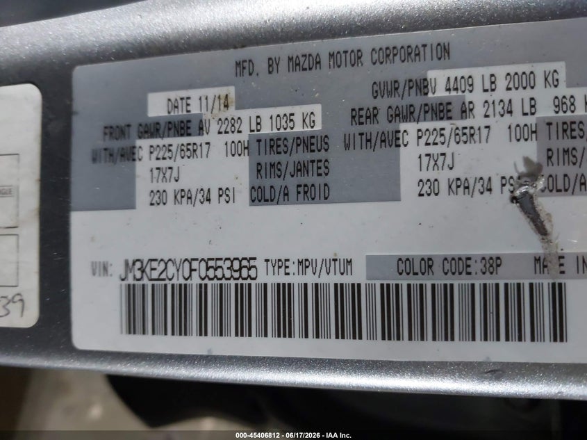 2015 Mazda Cx-5 Touring VIN: JM3KE2CY0F0553965 Lot: 45406812