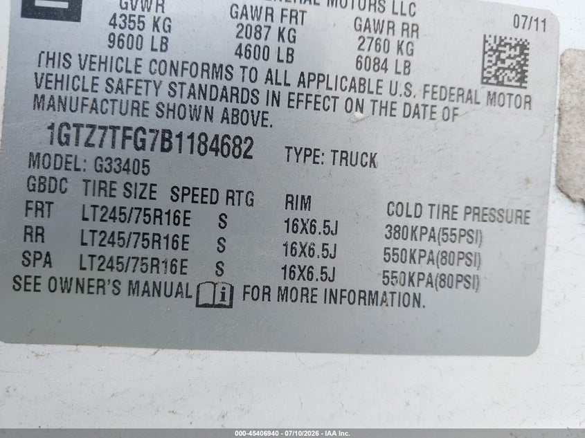 2011 GMC Savana 3500 Work Van VIN: 1GTZ7TFG7B1184682 Lot: 45406940