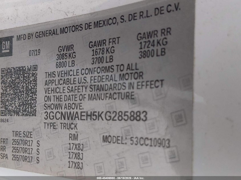 2019 Chevrolet Silverado 1500 Work Truck VIN: 3GCNWAEH5KG285883 Lot: 45406980