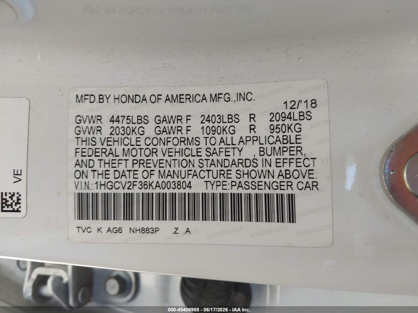 VIN 1HGCV2F36KA003804 2019 HONDA ACCORD SPORT 2.0T