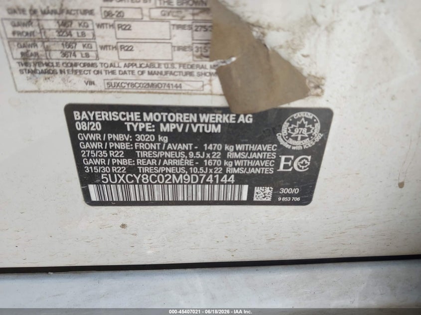 2021 BMW X6 M50I VIN: 5UXCY8C02M9D74144 Lot: 45407021