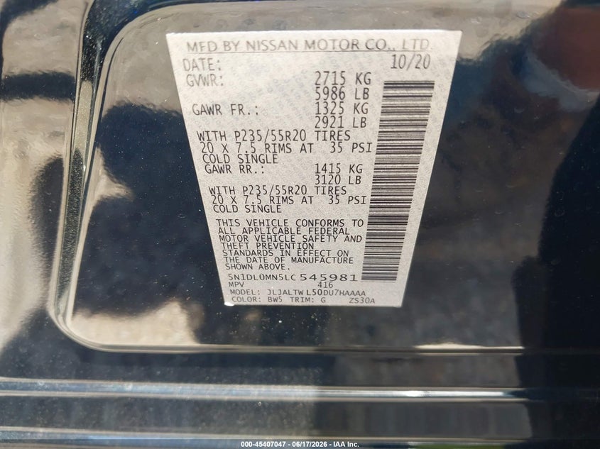 2020 Infiniti Qx60 Signature Edition VIN: 5N1DL0MN5LC545981 Lot: 45407047