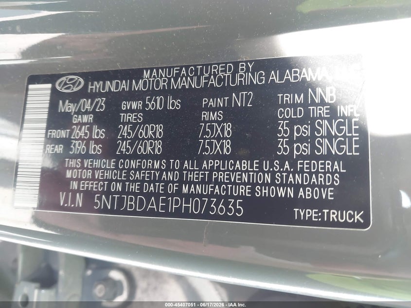 2023 Hyundai Santa Cruz Sel VIN: 5NTJBDAE1PH073635 Lot: 45407051