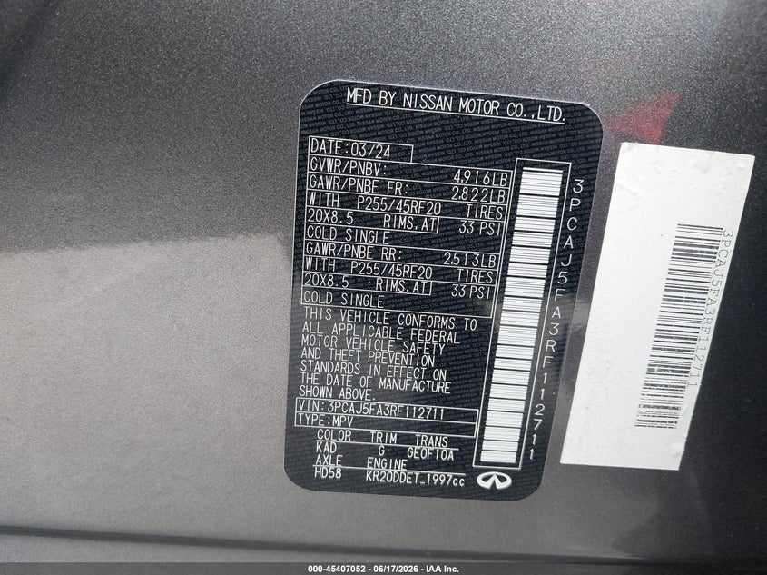 2024 Infiniti Qx50 Sport VIN: 3PCAJ5FA3RF112711 Lot: 45407052