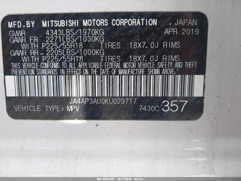 2019 Mitsubishi Outlander Sport 2.0 Es VIN: JA4AP3AU0KU029717 Lot: 45407067