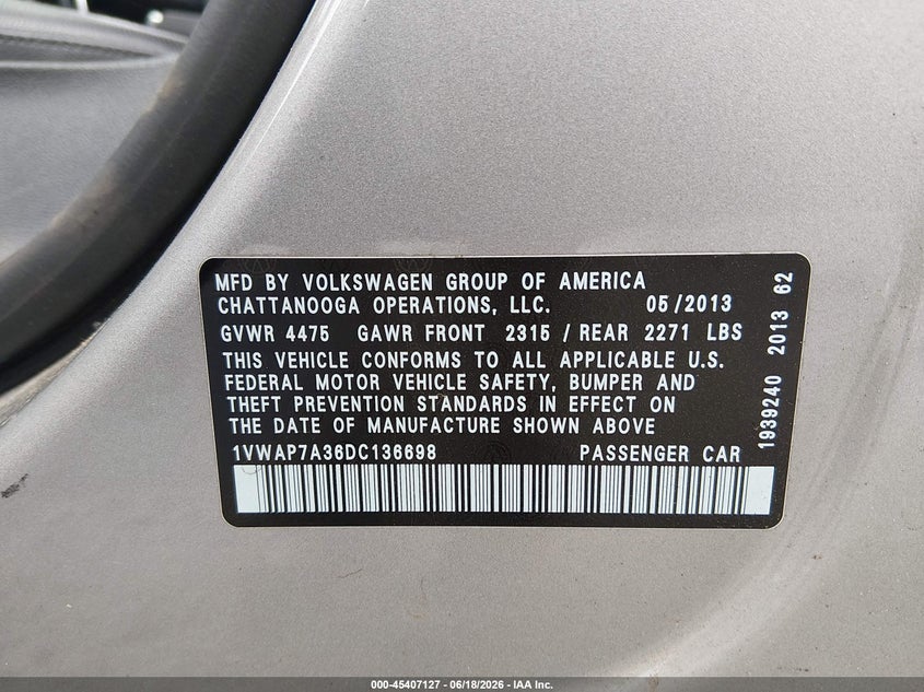 2013 Volkswagen Passat 2.5L Wolfsburg Edition VIN: 1VWAP7A36DC136698 Lot: 45407127