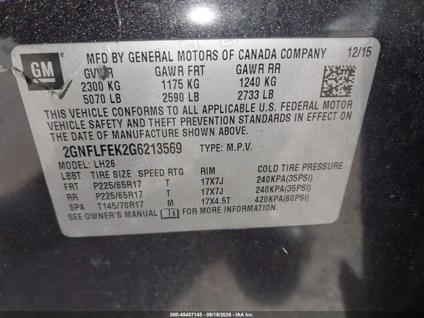 2016 CHEVROLET EQUINOX SPORT UTILITY VEHICLE 2.4L I-4 DI, DOHC, VVT, 182HP