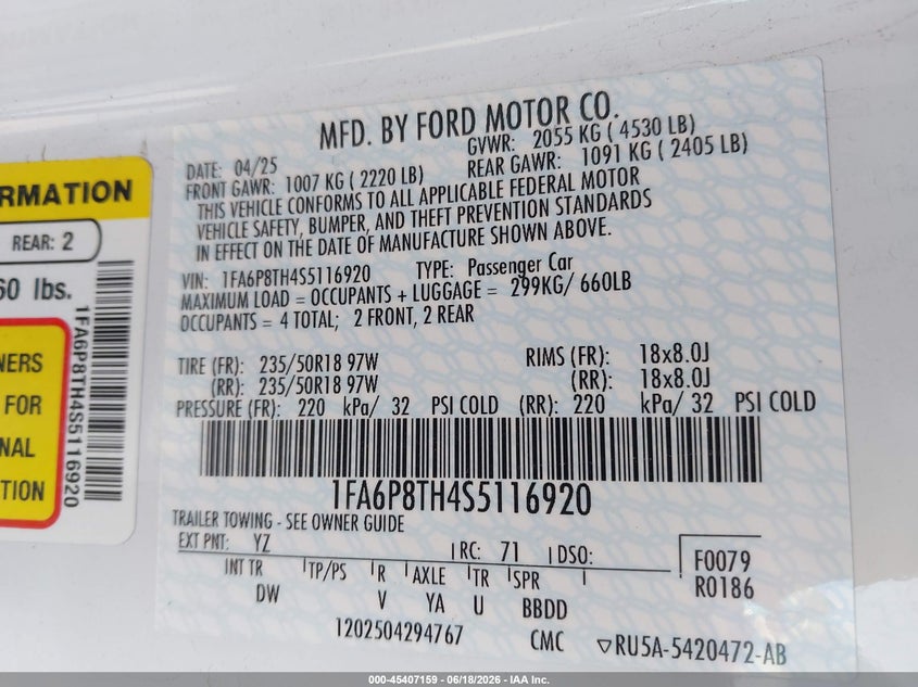 VIN 1FA6P8TH4S5116920 2025 FORD MUSTANG ECOBOOST FASTBACK