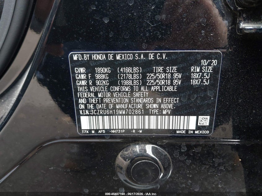 VIN 3CZRU6H19MM702861 2021 HONDA HR-V AWD SPORT