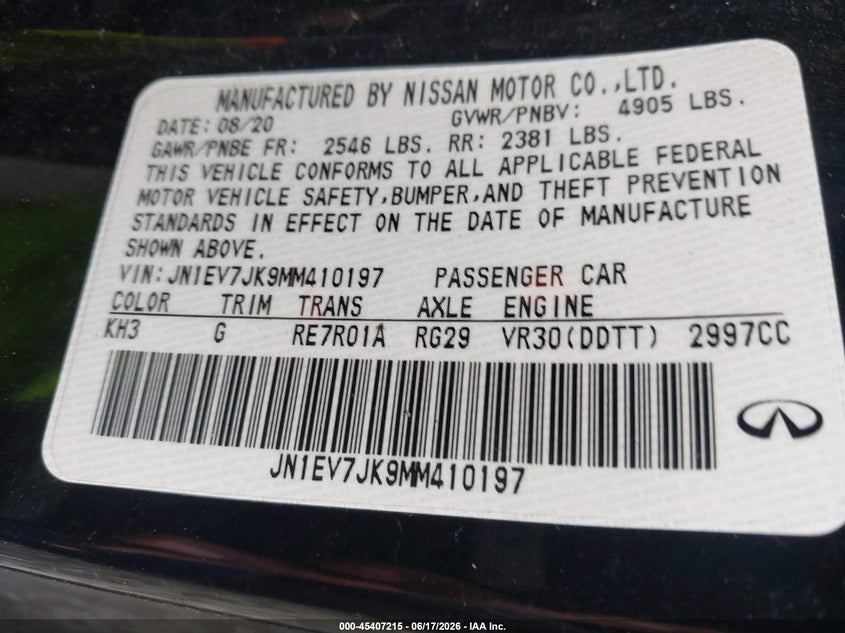 2021 Infiniti Q60 Pure VIN: JN1EV7JK9MM410197 Lot: 45407215