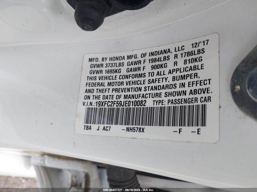 2018 HONDA CIVIC SEDAN 2.0L I-4 DOHC, VVT, 158HP