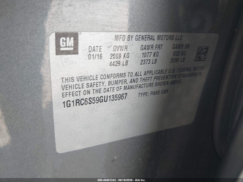 2016 Chevrolet Volt Lt VIN: 1G1RC6S59GU135967 Lot: 45407242