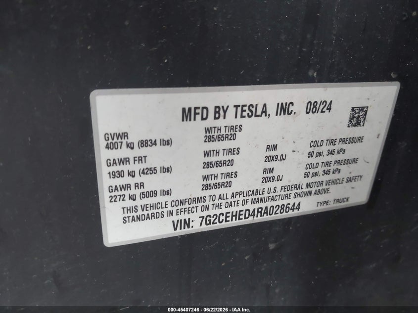TESLA CYBERTRUCK 2024 VIN 7G2CEHED4RA028644