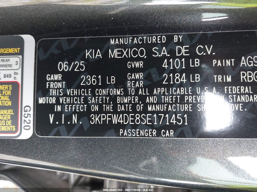 2025 Kia K4 Gt-Line VIN: 3KPFW4DE8SE171451 Lot: 45407253