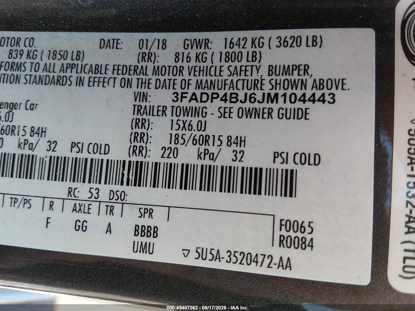 2018 Ford Fiesta Se VIN: 3FADP4BJ6JM104443 Lot: 45407262