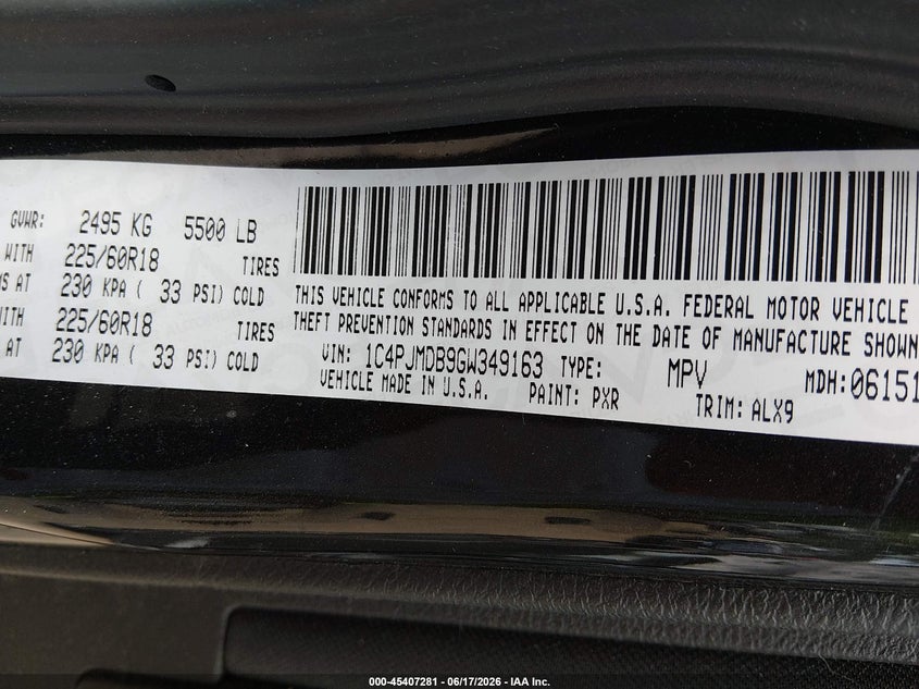 2016 Jeep Cherokee High Altitude VIN: 1C4PJMDB9GW349163 Lot: 45407281