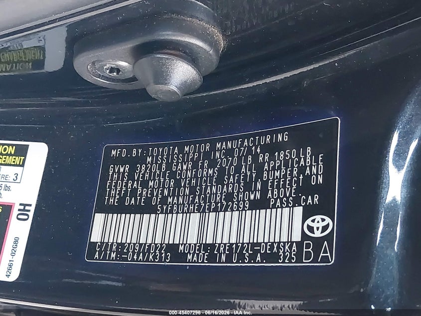 2014 TOYOTA COROLLA SEDAN 1.8L I-4 DOHC, VVT, 132HP