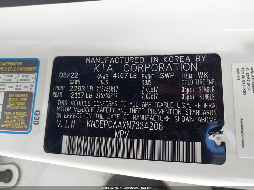 2022 Kia Seltos Lx VIN: KNDEPCAAXN7334206 Lot: 45407307
