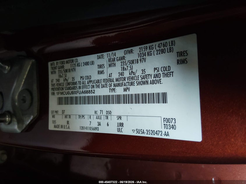 2015 FORD ESCAPE SPORT UTILITY VEHICLE 2.0L I-4 DI, DOHC, VVT, TURBO, 231HP