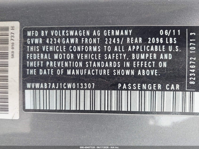 2012 Volkswagen Golf 2.5L 2-Door VIN: WVWAB7AJ1CW013307 Lot: 45407328