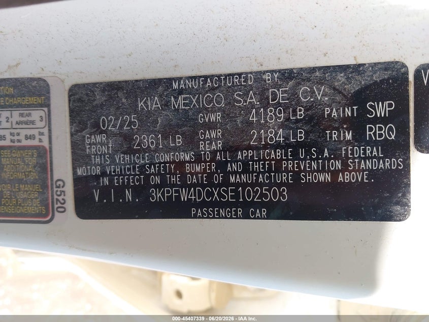 2025 KIA K4 1.6L I-4 DI, DOHC, V(VIN: 3KPFW4DCXSE102503