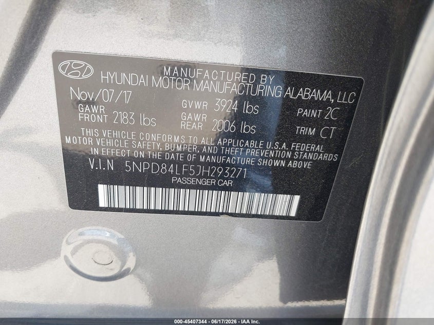 VIN 5NPD84LF5JH293271 2018 HYUNDAI ELANTRA SEL