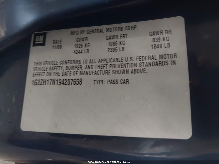 2009 Pontiac G6 Gt VIN: 1G2ZH17N194207658 Lot: 45407474