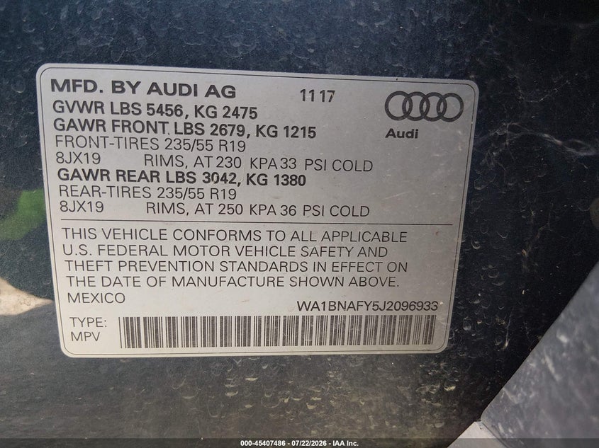 2018 Audi Q5 2.0T Premium/2.0T Tech Premium VIN: WA1BNAFY5J2096933 Lot: 45407486