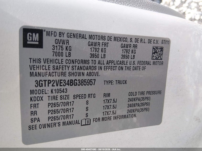 2011 GMC Sierra 1500 Sle VIN: 3GTP2VE34BG385957 Lot: 45407490