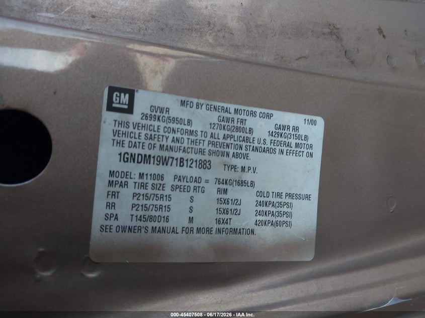 2001 Chevrolet Astro Ls VIN: 1GNDM19W71B121883 Lot: 45407508
