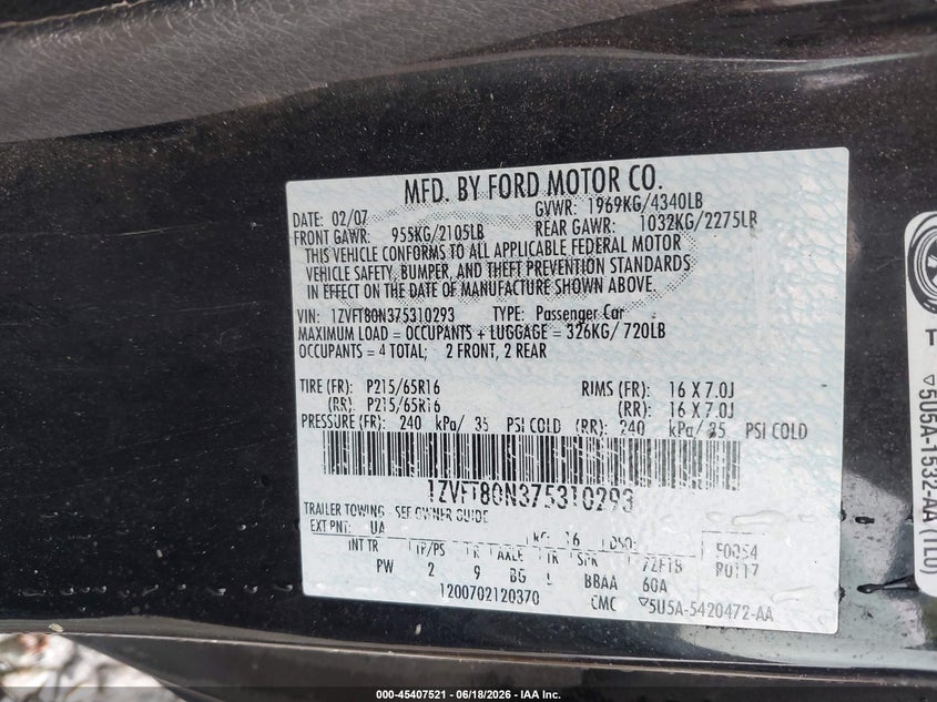 2007 FORD MUSTANG COUPE 4.0L V-6 210HP