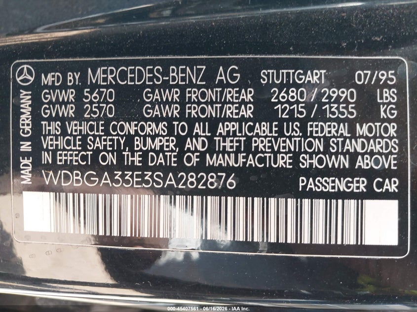 1995 Mercedes-Benz S 320 VIN: WDBGA33E3SA282876 Lot: 45407561