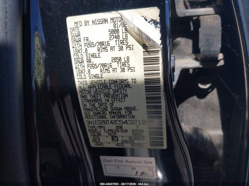 2002 Nissan Xterra Xe VIN: 5N1ED28T42C543210 Lot: 45407593