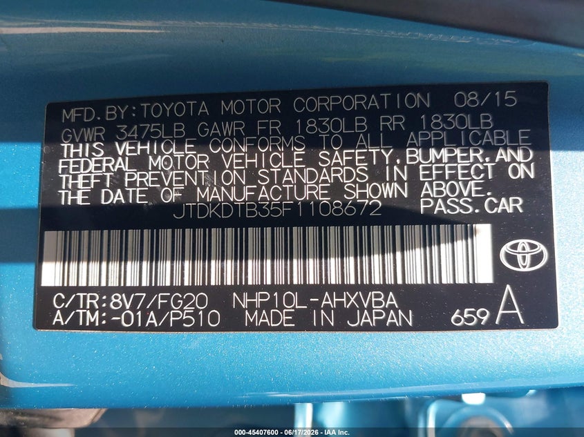 2015 Toyota Prius C Two VIN: JTDKDTB35F1108672 Lot: 45407600
