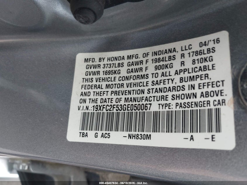 2016 HONDA CIVIC SEDAN 2.0L I-4 DOHC, VVT, 158HP