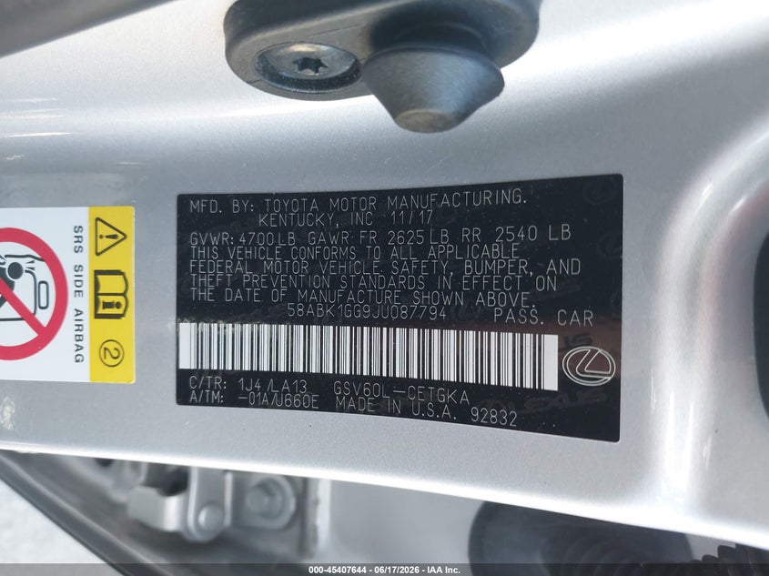 2018 LEXUS ES SEDAN 3.5L V-6 DOHC, VVT, 268HP