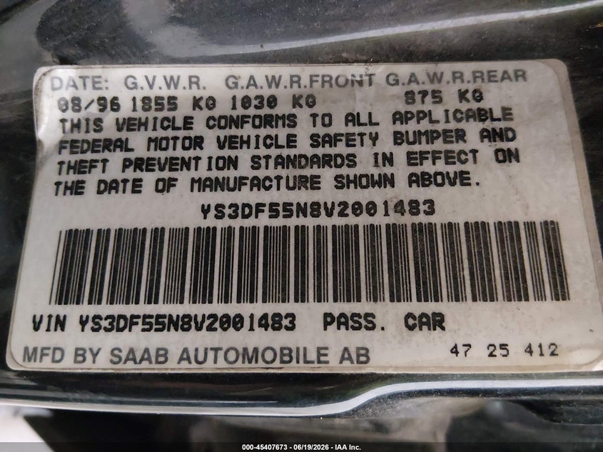 1997 Saab 900 Se VIN: YS3DF55N8V2001483 Lot: 45407673