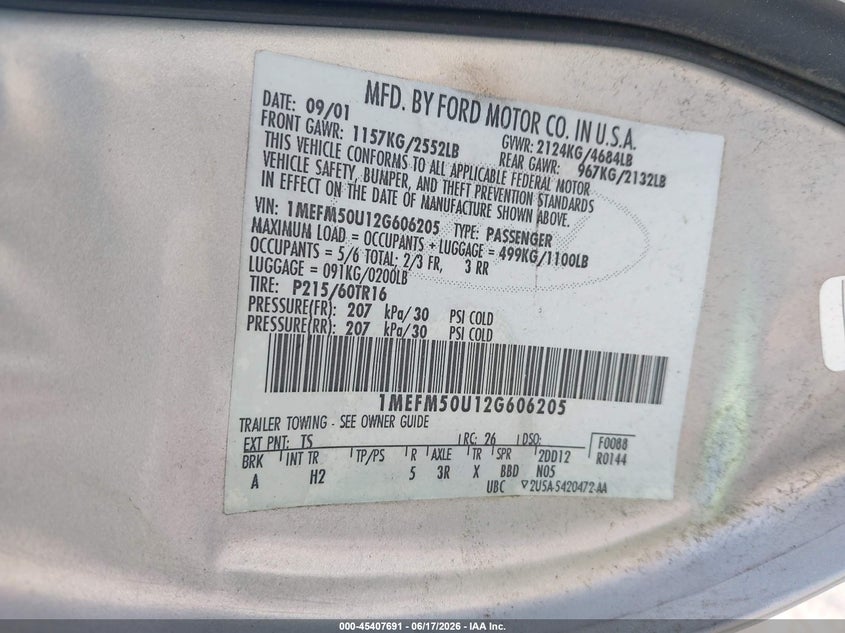 2002 Mercury Sable Gs VIN: 1MEFM50U12G606205 Lot: 45407691