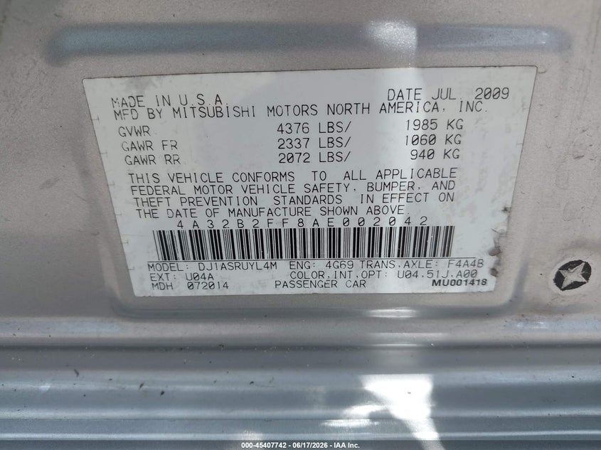 2010 Mitsubishi Galant Fe VIN: 4A32B2FF8AE002042 Lot: 45407742