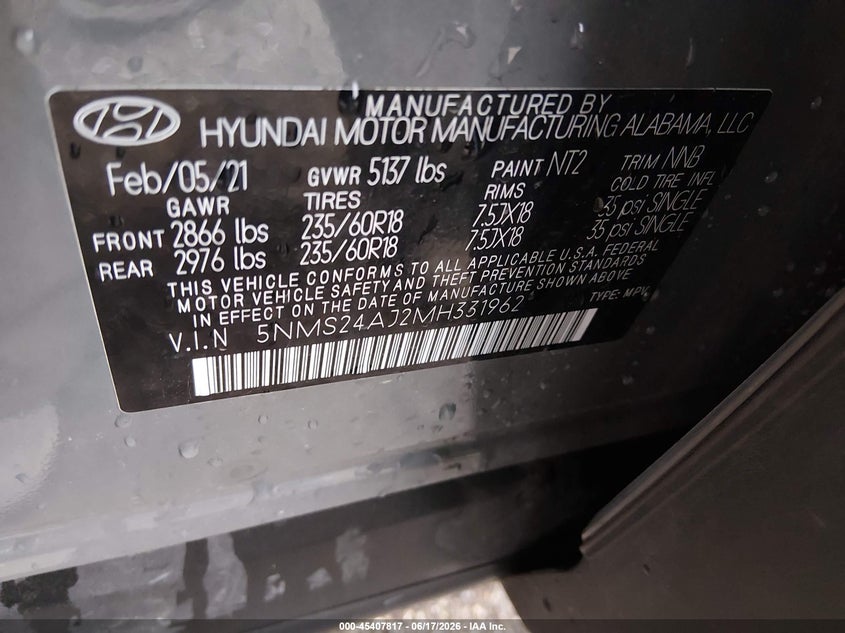 VIN 5NMS24AJ2MH331962 2021 HYUNDAI SANTA FE SEL